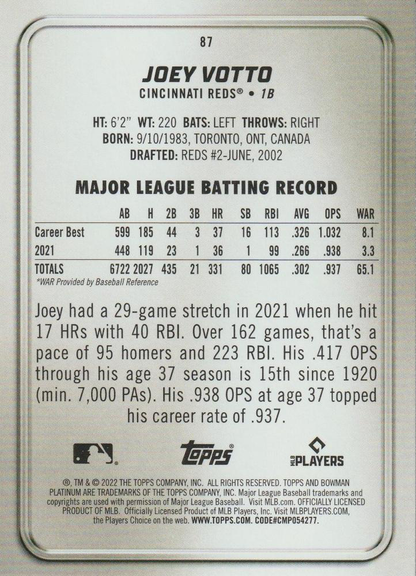 2022 Topps Bowman Platinum Joey Votto Cincinnati Reds #87