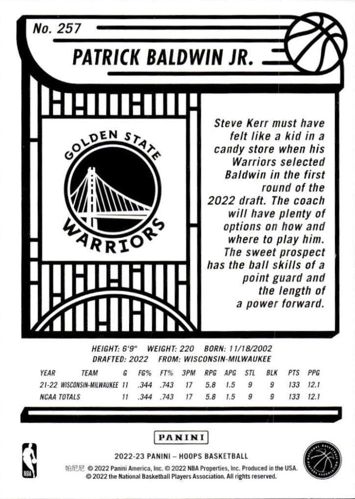 2022 Panini Hoops Patrick Baldwin Jr. RC #257 Golden State Warriors
