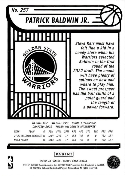 2022 Panini Hoops Patrick Baldwin Jr. RC #257 Golden State Warriors
