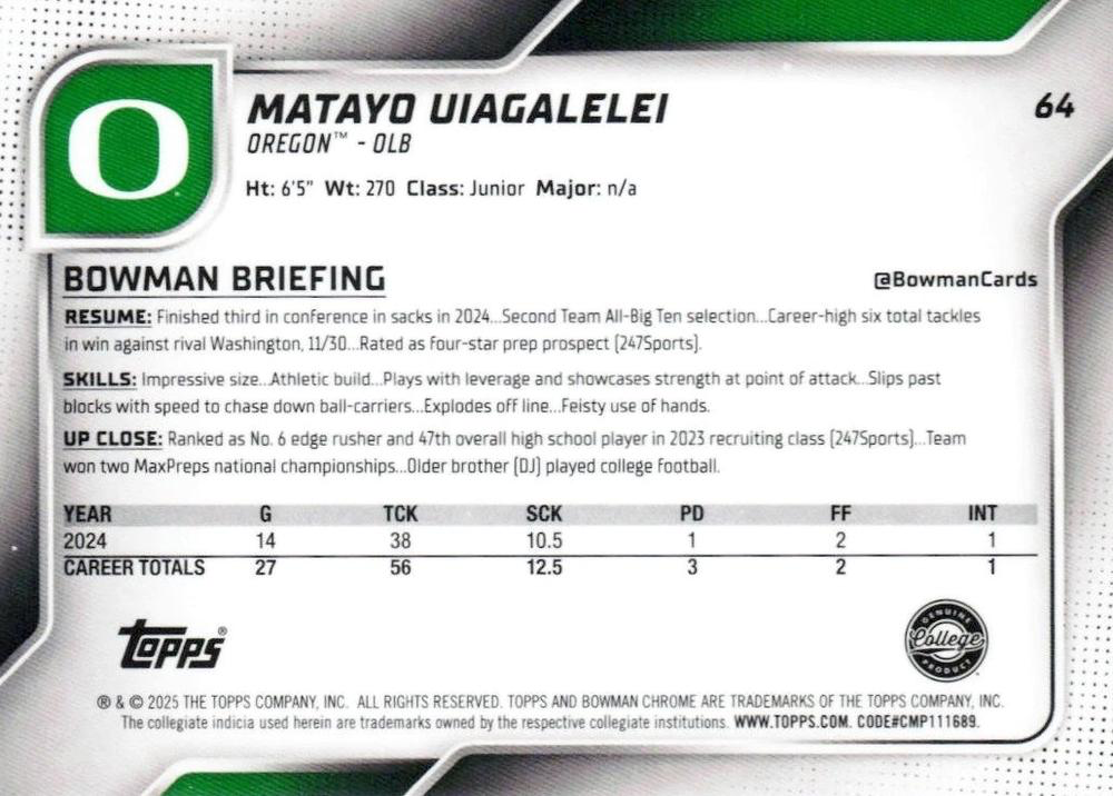 2025 Topps Bowman U Chrome Matayo Uiagalelei 1st #64 Oregon Ducks