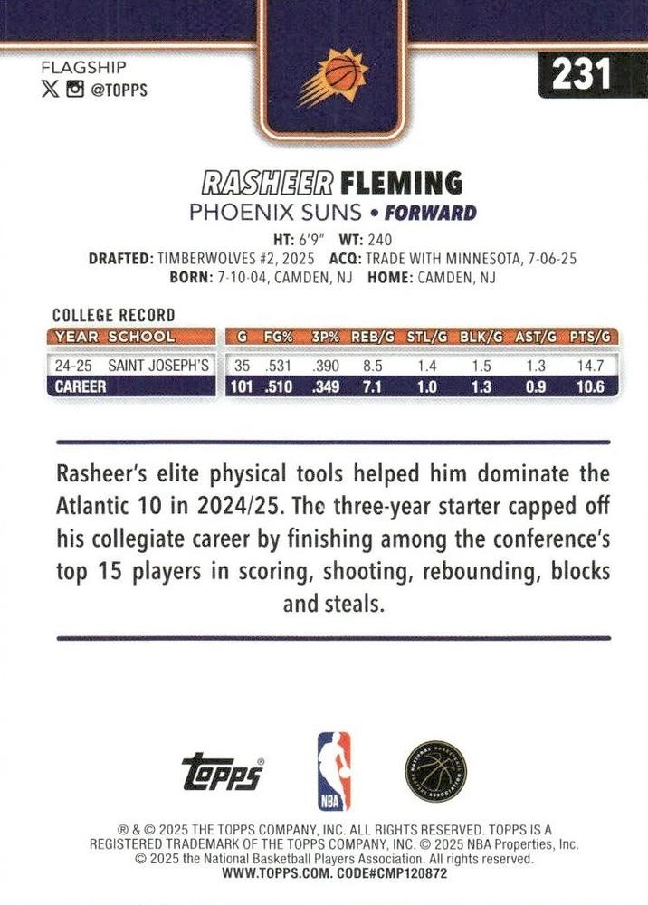 2025 Topps NBA Rasheer Fleming RC #231 Phoenix Suns