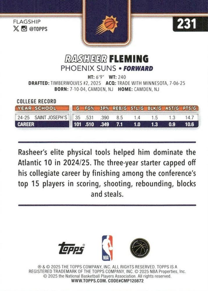 2025 Topps NBA Rasheer Fleming RC #231 Phoenix Suns