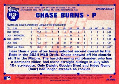 2026 Topps Chrome 1991 35th RC Chase Burns #91CB-25 Cincinnati Reds