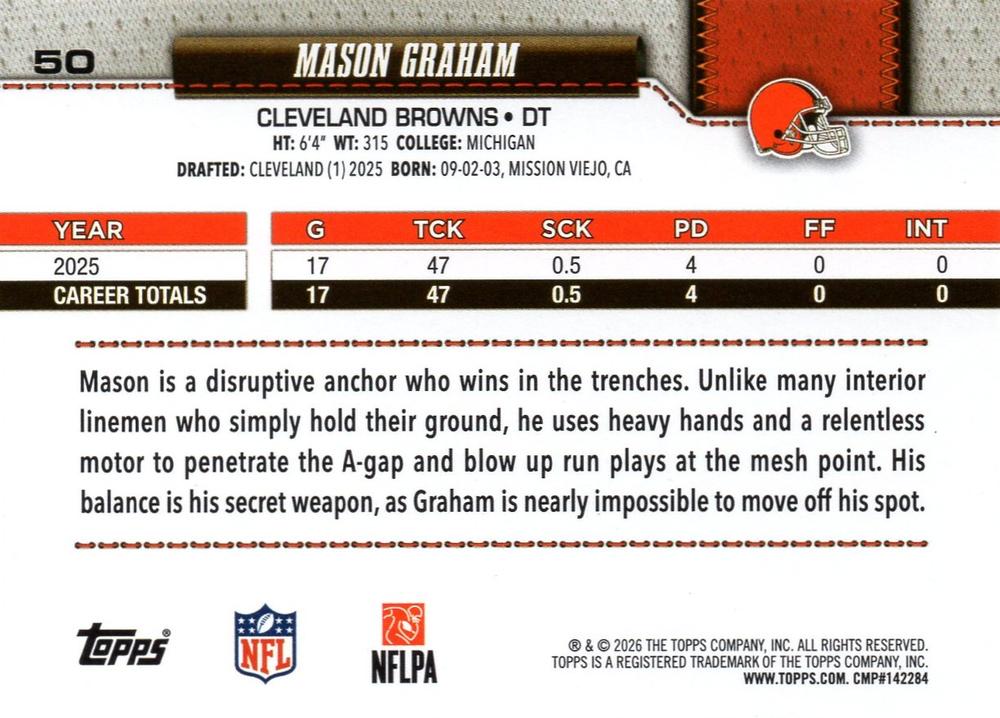 2026 Topps Flagship Mason Graham #50 Cleveland Browns