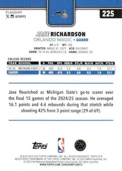 2025 Topps NBA Jase Richardson RC #225 Orlando Magic
