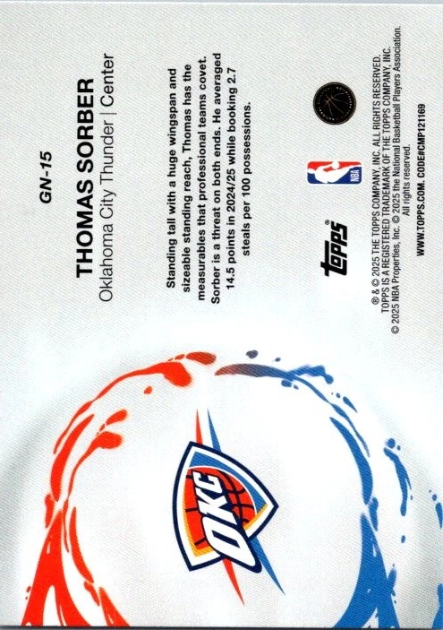 2025 Topps NBA Generation Now Holo Foil Thomas Sorber GN-15 Oklahoma City Thunder