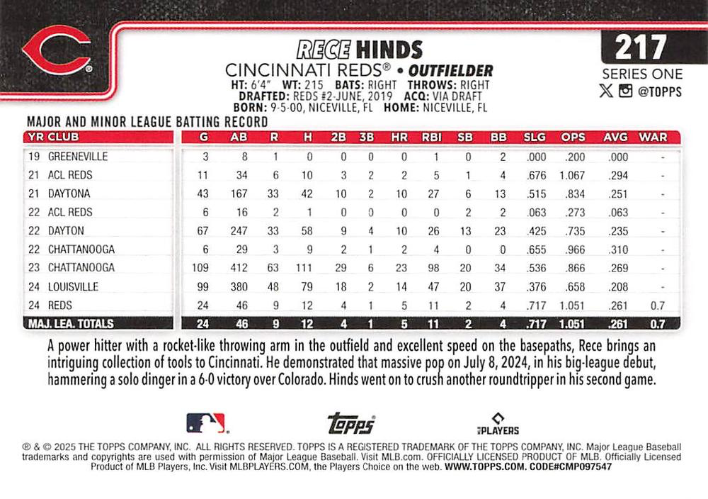 2025 Topps Series 1 Rece Hinds RC Cincinnati Reds #217