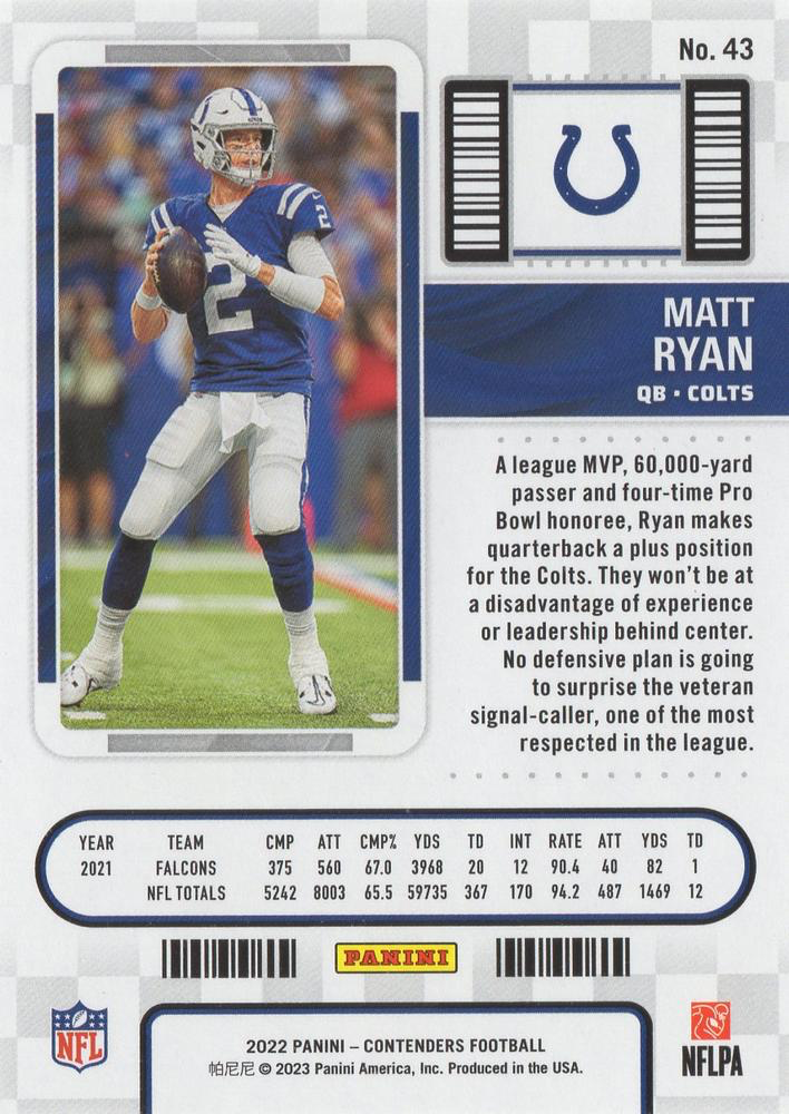 2022 Panini Contenders Matt Ryan Indianapolis Colts #43