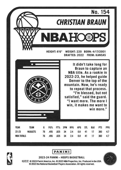 2023 Panini Hoops Christian Braun #154 Denver Nuggets