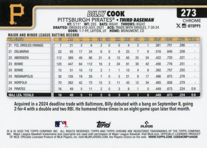 2025 Topps Chrome MLB Billy Cook RC #273 Pittsburgh Pirates
