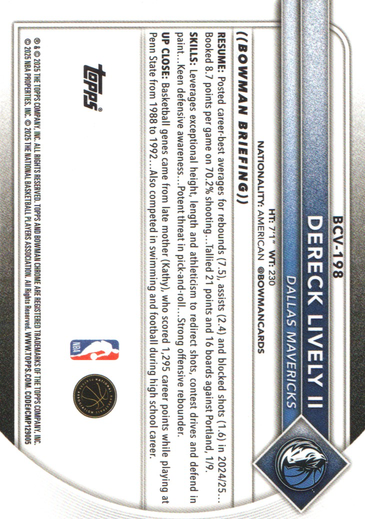 2025 Topps Bowman Chrome Dereck Lively II #BCV-198 Dallas Mavericks