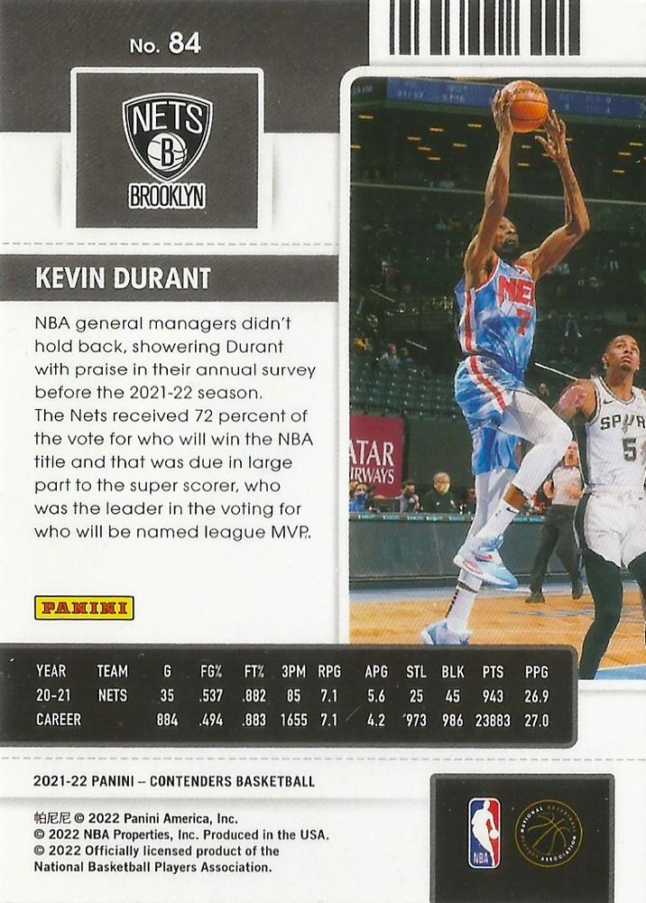 2021 Panini Contenders Kevin Durant #84 Brooklyn Nets