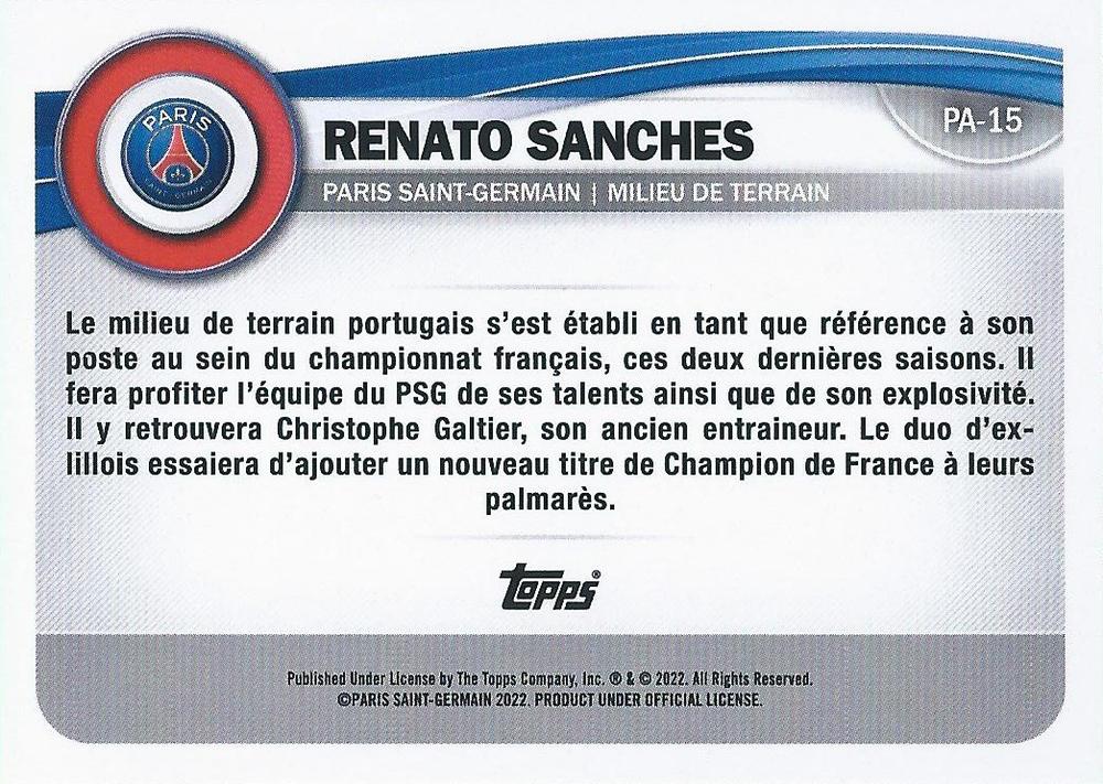 2022 Topps PSG Fan Set Renato Sanches #PA-15 Paris Saint-Germain