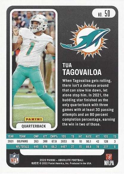 2022 Panini Absolute Tua Tagovailoa #50 Miami Dolphins