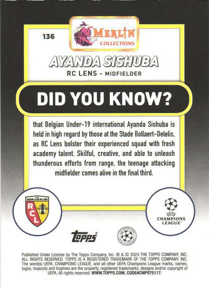 2023 Topps Merlin Chrome UCC Ayanda Sishuba RC #136 RC Lens