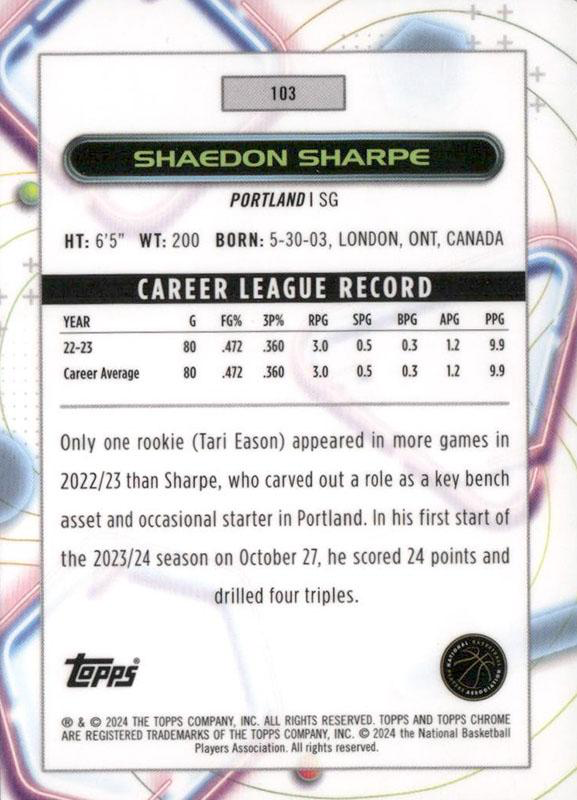 2023 Topps Chrome Cosmic Shaedon Sharpe #103 Portland Trail Blazers