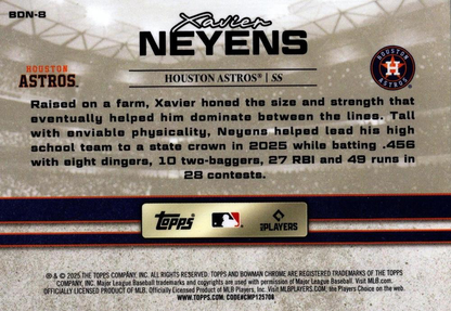 2025 Topps Bowman Draft Draft Night Xavier Neyens #BDN-8 Houston Astros
