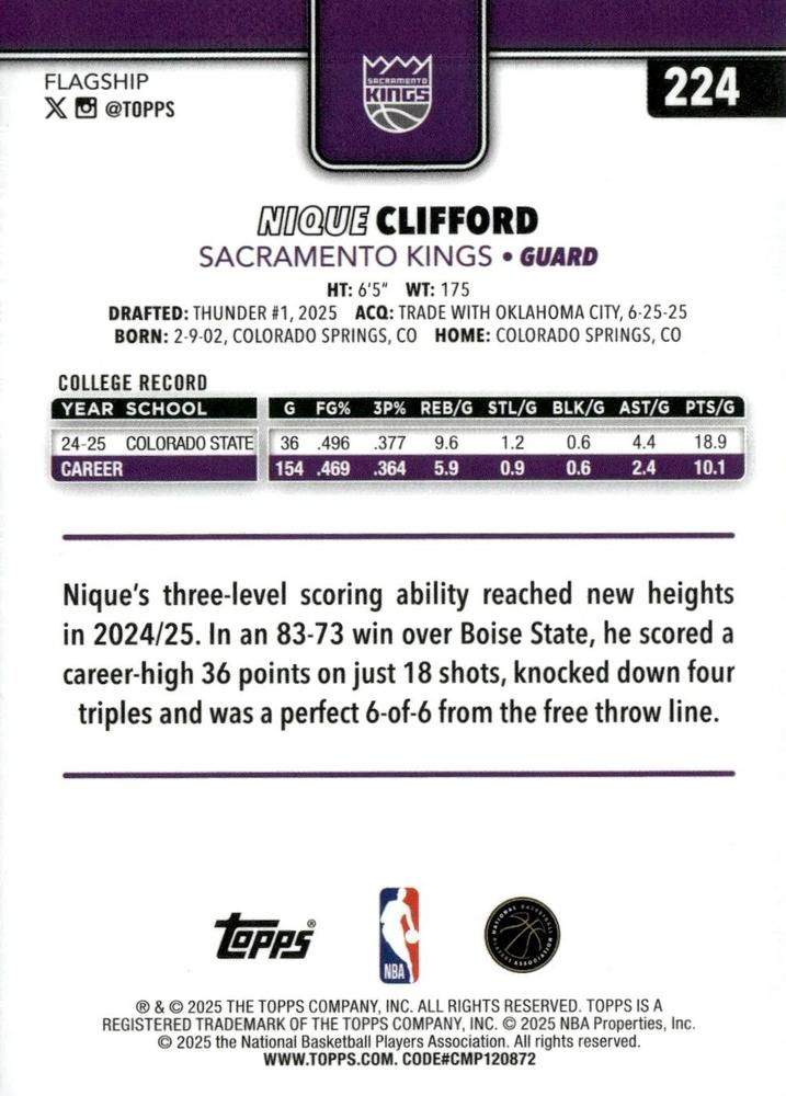 2025 Topps NBA Nique Clifford RC #224 Sacramento Kings