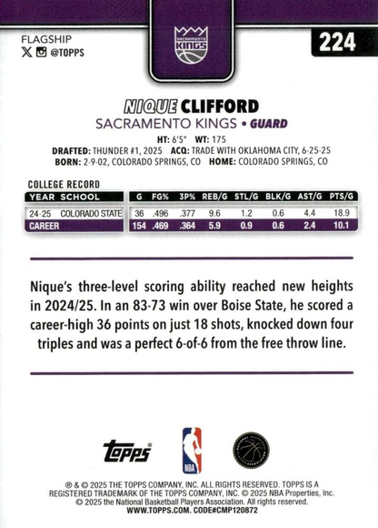 2025 Topps NBA Nique Clifford RC #224 Sacramento Kings
