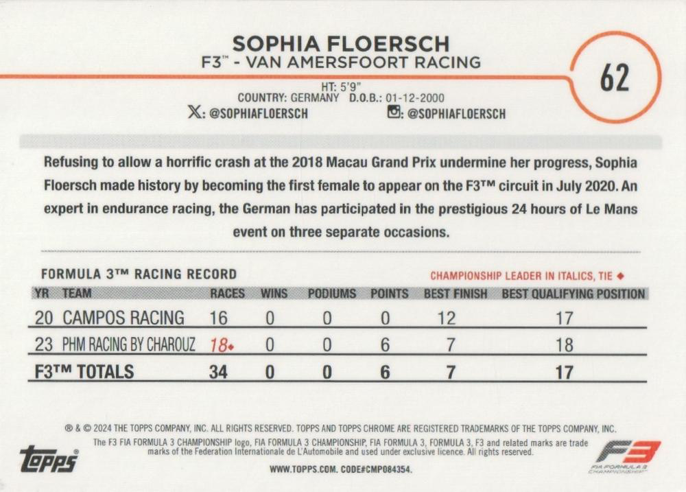 2024 Topps Chrome Formula 1 Sophia Floersch F3D #62 Van Amersfoort Racing