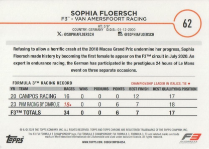 2024 Topps Chrome Formula 1 Sophia Floersch F3D #62 Van Amersfoort Racing