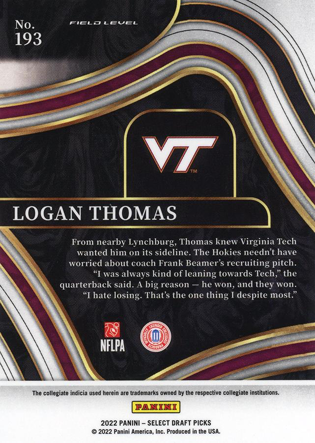 2022 Panini Select Draft Picks Blue Logan Thomas #193 Virginia Tech Hokies