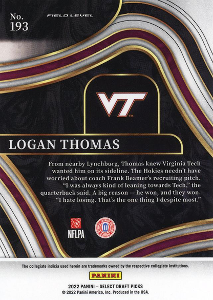 2022 Panini Select Draft Picks Blue Logan Thomas #193 Virginia Tech Hokies