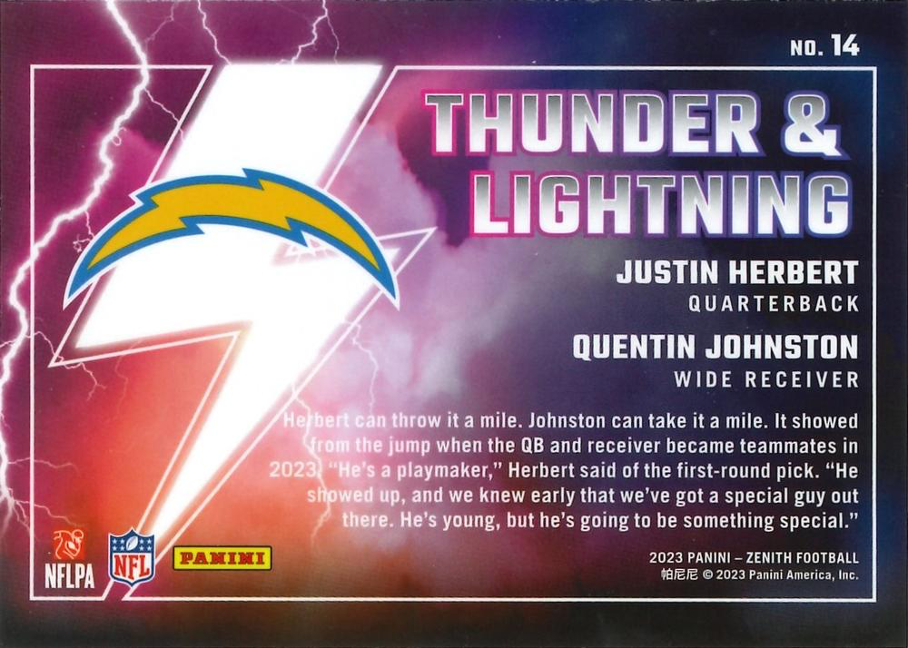 2023 Panini Zenith Thunder and Lightning Justin Herbert / Quentin Johnston #14 Los Angeles Chargers