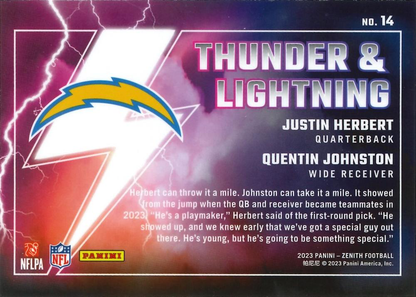 2023 Panini Zenith Thunder and Lightning Justin Herbert / Quentin Johnston #14 Los Angeles Chargers
