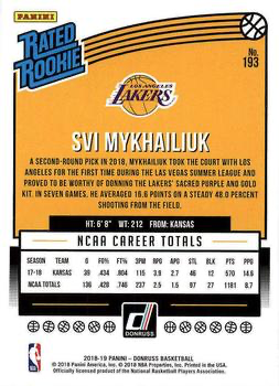 2018 Panini Donruss Rated Rookie Svi Mykhailiuk #193 Los Angeles Lakers