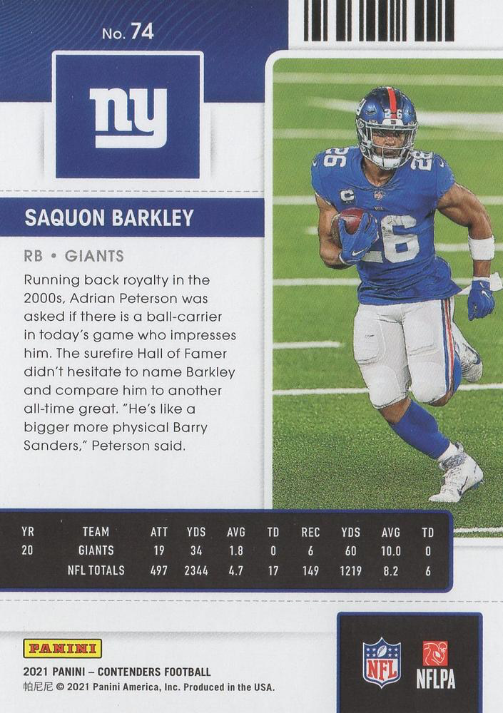 2021 Panini Contenders Saquon Barkley New York Giants #74
