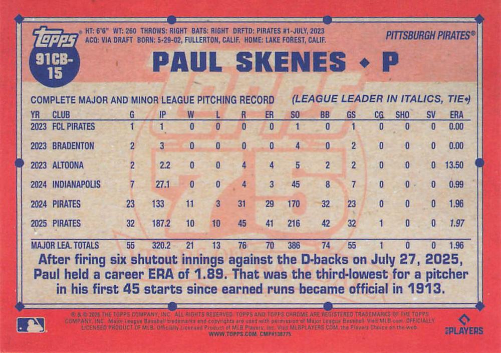 2026 Topps Chrome 1991 35th Paul Skenes #91CB-15 Pittsburgh Pirates
