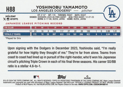 2024 Topps Holiday Yoshinobu Yamamoto RC Los Angeles Dodgers #H88