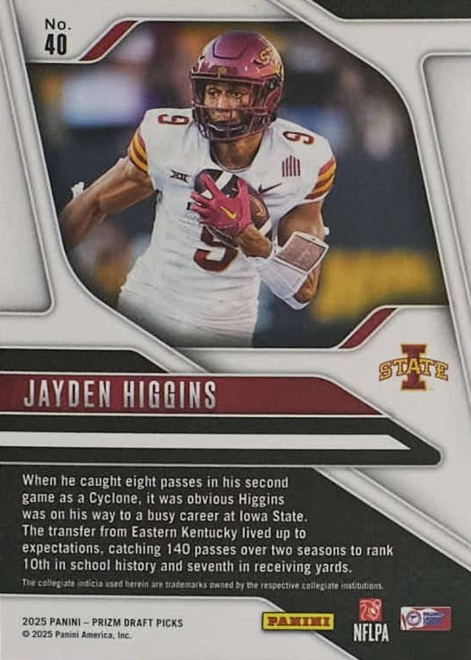2025 Panini Prizm Draft Picks Jayden Higgins #40 Iowa State Cyclones