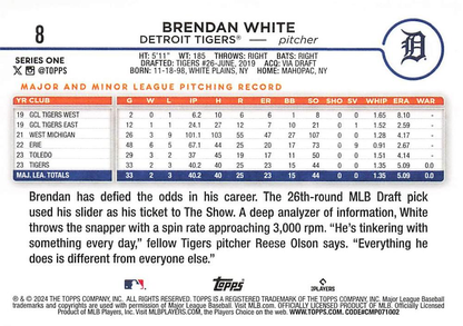 2024 Topps Series 1 Brendan White RC #8 Detroit Tigers