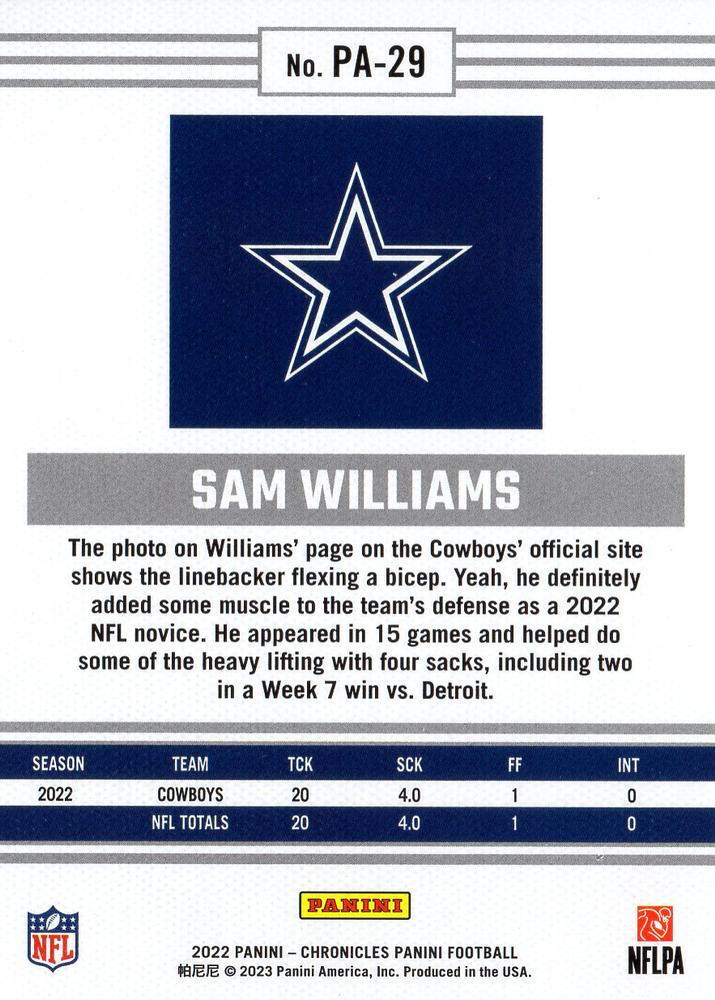 2022 Panini Chronicles Panini RC Sam Williams #PA-29 Dallas Cowboys