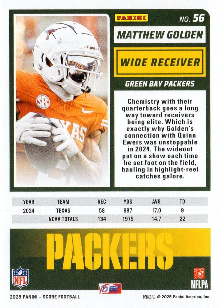 2025 Panini Score Matthew Golden RC #56 Green Bay Packers