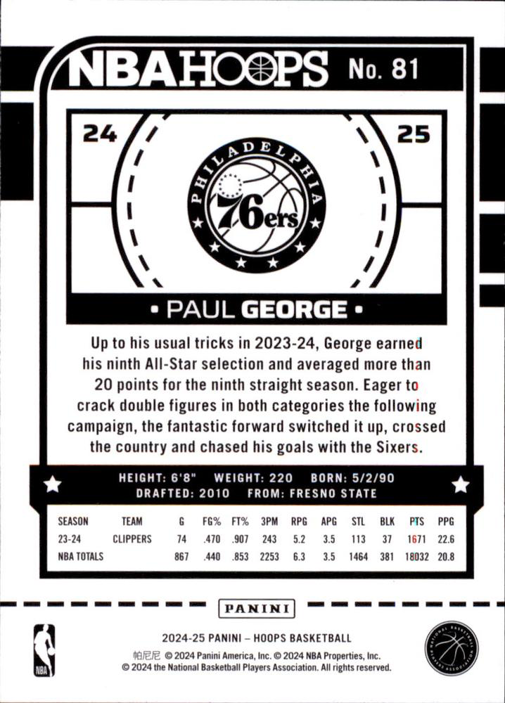 2024 Panini Hoops Paul George #81 Philadelphia 76ers