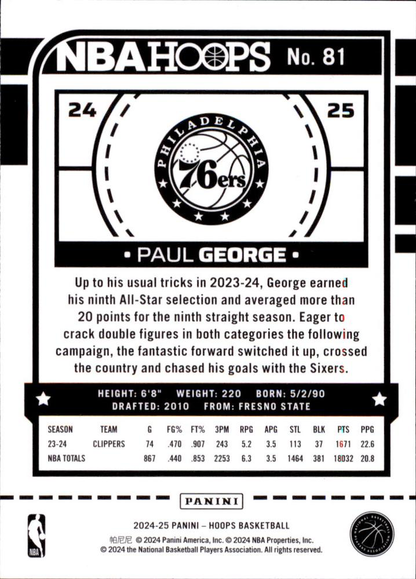 2024 Panini Hoops Paul George #81 Philadelphia 76ers
