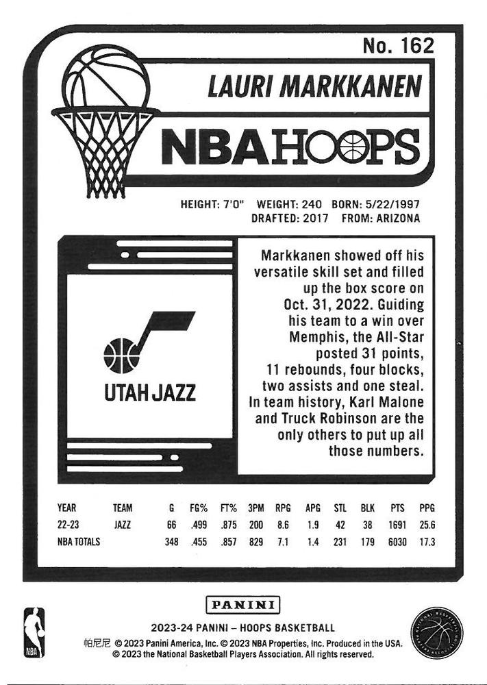 2023 Panini Hoops Lauri Markkanen #162 Utah Jazz
