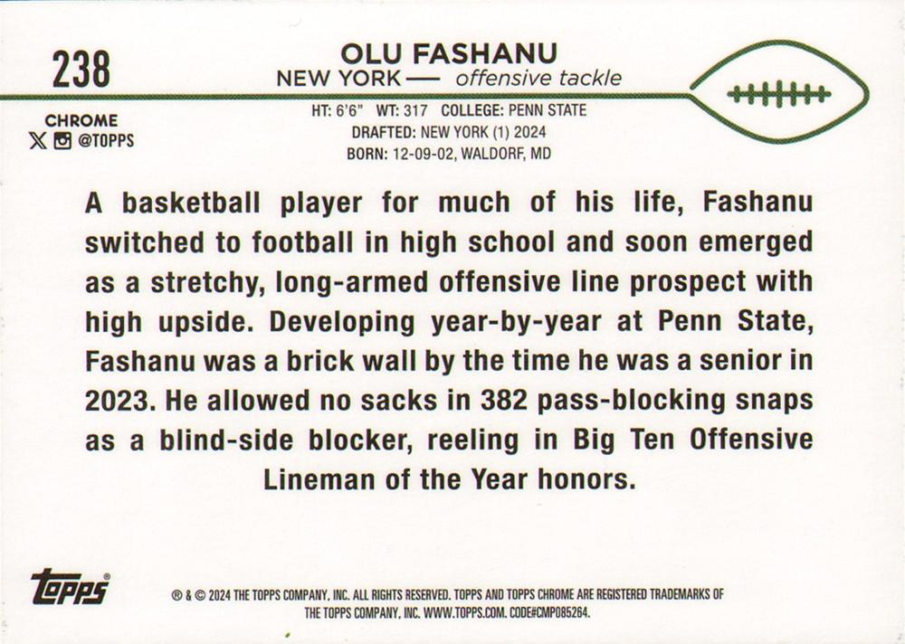 2024 Topps Chrome Football Olu Fashanu RC #238 New York Jets