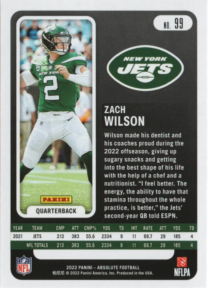 2022 Panini Absolute Zach Wilson #99 New York Jets