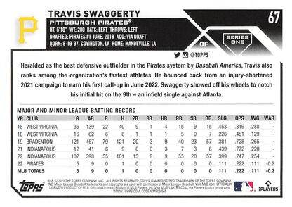 2023 Topps Series 1 Travis Swaggerty RC Pittsburgh Pirates #67