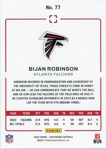 2024 Panini Photogenic Bijan Robinson #77 Atlanta Falcons