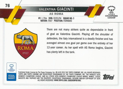 2022 Topps Chrome UCC Women's Valentina Giacinti RC #76 Roma