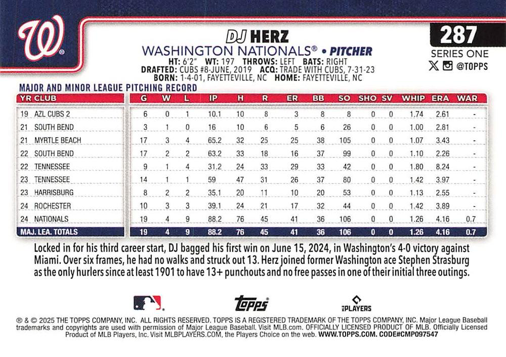 2025 Topps Series 1 DJ Herz RC Washington Nationals #287