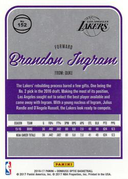 2016 Panini Donruss Optic Rated Rookie Brandon Ingram RC #152 Los Angeles Lakers