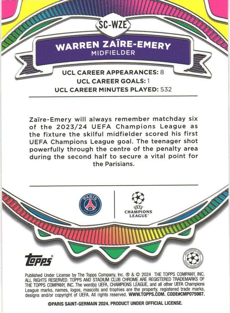 2023 Topps Stadium Club Chrome UCC Say Cheese Warren Zaïre-Emery SC-WZE Paris Saint-Germain