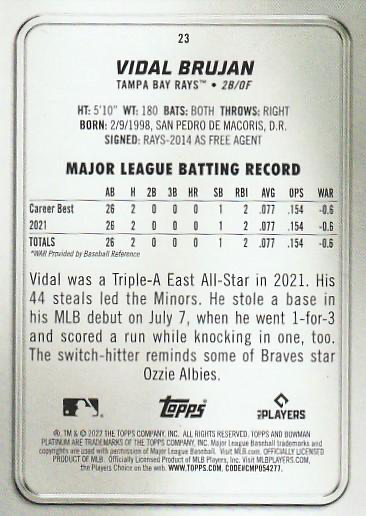 2022 Topps Bowman Platinum Vidal Brujan RC Tampa Bay Rays #23