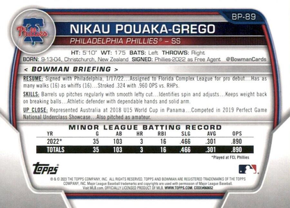 2023 Topps Bowman Paper Prospects Nikau Pouaka-Grego 1st Philadelphia Phillies #BP-89